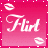A 48x48 pixel animated buddy icon featuring the word "Flirt" in white cursive text on a pink gradient background with floating lip marks, displayed as three sampled frames in a contact sheet layout.