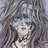 A 48x48 pixel animated buddy icon featuring a grayscale anime-style character with long hair on the left and text elements on the right against a black background.