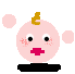 Pixelated pink circular character with golden spiral hair, black oval eyes, and a red cross-shaped mouth on gray background.