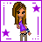 Pixel art character with long brown hair in a purple top and beige pants, surrounded by purple stars and text phrases on a white background.