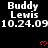 Black background with repeated white text 'Buddy Lewis' and date '10.24.09', red pixelated hearts, and a gray rectangular overlay in the bottom-right corner.