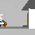 Animated sequence showing a white rabbit with pink ears carrying a brown basket, interacting with brown doors and dark green bushes against a gray background.