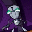 A gray robot with green eyes and a white chest plate moves through purple , holding a white cone-shaped object
