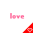 Pixelated pink 'love' text above red triangular shapes with white heart symbols on a white background.
