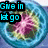 Animated sequence of four circular icons with blue outer rings and pink-yellow inner patterns, each displaying distinct pixelated text in cyan and black.
