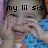 A pixelated image of a child in blue clothing with hands near the face, displaying text 'my lil sis' on left and 'bella' on right.