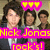 Pixelated image of three people with pink and yellow text overlays reading "Nick Jonas rock's!" above a blurred background.