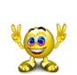 Yellow cartoon character with blue eyes and black eyebrows raises both hands in a peace gesture, changing facial expressions across frames while speech bubbles display text.