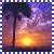 Animated scene of a sun setting over water with purple and orange sky, bordered by blue-and-white checkered frame.