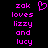 Pixelated text in bright pink on black background reads 'zak loves lizzy and lucy' with a heart symbol above the text.