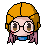 Pixel art contact sheet showing three frames of an animated AIM buddy icon featuring a character with orange hair, glasses, and pink side strands holding a white object.