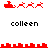 Red pixel art of a sleigh with reindeer above and below a city skyline, with "colleen" text beneath each sleigh. The reindeer change from four to three between the top and bottom sleighs. The skyline is a solid red block. The background is white. The sleigh has a curved base and a small cabin. The reindeer are small and pixelated. The text is black and pixelated. The sleigh and reindeer are red. The skyline is red. The background is white. The text is black. The sleigh has a curved base. The cabin is small. The reindeer are small. The text is pixelated. The background is white. The sleigh is red. The reindeer are red. The skyline is red. The text is black. The sleigh has a curved base. The cabin is small. The reindeer are small. The text is pixelated. The background is white. The sleigh is