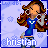 Pixelated character with long brown hair in blue dress holding silver object against light purple background with white snowflakes.