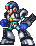 Four pixel-art character poses with silver armor, blue shoulder pads, and a yellow chest emblem on a gray background.