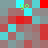 Pixelated of red, gray, and cyan squares with four green 'yo' text elements scattered across the composition