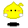 Yellow pixelated character with two expressions: neutral face and winking tongue-out pose, pink zigzag above head.