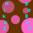 Brown background with pink and magenta circles containing cyan letters N, i, k, I, B, o, e, s arranged in a pattern
