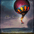 A pixelated hot air balloon with a dark red and pink envelope, orange-yellow burner flames, and a light brown basket against a cloudy sky background.