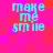 Four identical pixelated text display 'make me smile' in cyan letters on a red and pink checkered background