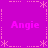 A static digital image with a solid magenta background, featuring four instances of the text 'Angie' in lighter pink lettering arranged around a central cross pattern made of dashed lines and asterisks.