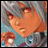 Anime-style character with silver hair and red eyes, orange skin, and a blue background with red circular elements, displaying text variations.