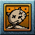 Pixelated icon shows a stylized skull with X eyes and a cracked mouth inside an orange frame on a blue background.