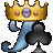 Pixelated icon of a blue creature wearing a golden crown with purple and red gems, holding a black spade symbol.