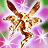 Pixelated fairy with outstretched wings and limbs against a blurred pink-purple floral background.