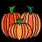 A pixelated pumpkin icon with three green stems, orange and brown striped body, and a black background.