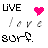 Pixelated static image with black text and a pink heart symbol on white background.