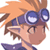 Pixelated anime-style character icon with orange hair, blue goggles, and purple clothing in profile view against white background.