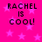 Bright pink background with scattered pink stars and four identical text blocks reading 'RACHEL IS COOL!' in black pixelated font.