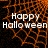 Animated Halloween-themed icon with orange spiderweb background and white text reading 'Happy Halloween' in two lines.