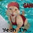 Pixelated image of a character in a red swimsuit with red hair, standing in water, with text changing from "Yeah I'm..." to "GANGSTA!!".