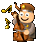 Pixelated character in brown uniform with gold accents holding a golden musical instrument, smiling against gray background.