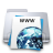 Pixelated icon with blue and white color scheme featuring a stylized globe graphic on the right side.