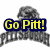 A grayscale buddy icon featuring a lion mascot above arched text, with a yellow 'Go Pitt!' overlay in the top-left view.