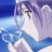 Pixelated static image of a stylized character with flowing hair against a blue and purple gradient background, rendered in low-resolution 256x256 pixels.