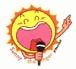 Yellow sun-shaped avatar with orange rays, pink mouth holding black microphone, raised arm pointing right in first frame and left in second frame.