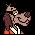 Pixelated cartoon character with brown fur, white shirt, and orange pants in three variations: standard pose, side profile, and pumpkin head.