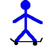 Blue stick figure on black skateboard with visible wheels, shown in multiple poses including standing upright and leaning forward.