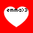 Four white heart shapes on a red background, each containing the text 'emma>3' in black pixelated font.
