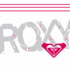 A static image shows 'ROXY' in large gray letters with a red heart-shaped logo containing a white 'R' below, set against a white background with pink horizontal lines at top and bottom.