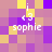 Pixelated of purple, yellow, and brown squares with repeated white text 'i <3 sophie' in four corners
