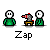 Pixel art animation of two green-shirted figures with white faces, one holding a red-and-gray cannon firing at the other, with 'Zap' text below.