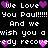 Pixelated text and heart symbols on black background with repeated phrases about loving Paul and wishing recovery, using white and purple/pink colors.