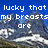 Pixelated image with blue sky background showing mountain peaks and text reading 'lucky that small and my breasts humble, so are you don't confuse them with mountains' in white block letters.