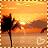 Pixelated sunset scene with orange and yellow sky, dark silhouette of a figure holding an object on left, horizontal water reflection below.
