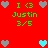 Red background with green text and heart icons; two of 'I <3 Justin 3/5' surrounded by gray hearts, with blue hearts in the center