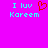 Pixelated text and heart symbol on bright pink background, with cyan 'I luv Kareem' repeated twice.